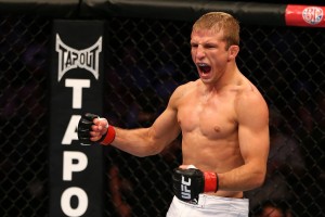 MONTREAL, QC - MARCH 16: T.J. Dillashaw reacts to his win over Issei Tamura in their bantamweight bout during the UFC 158 event at Bell Centre on March 16, 2013 in Montreal, Quebec, Canada. (Photo by Jonathan Ferrey/Zuffa LLC/Zuffa LLC via Getty Images)