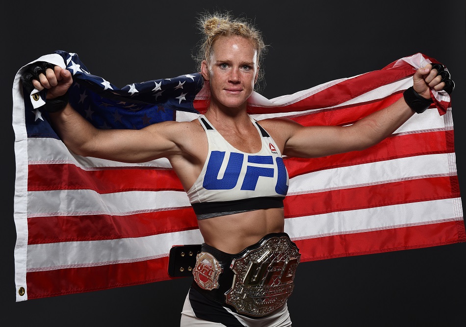 MELBOURNE, AUSTRALIA - NOVEMBER 15: UFC women's bantamweight champion Holly Holm poses backstage for a post-fight portrait after the UFC 193 event at Etihad Stadium on November 15, 2015 in Melbourne, Australia. Holly Holm defeated Ronda Rousey by KO in second round. (Photo by Mike Roach/Zuffa LLC/Zuffa LLC via Getty Images)