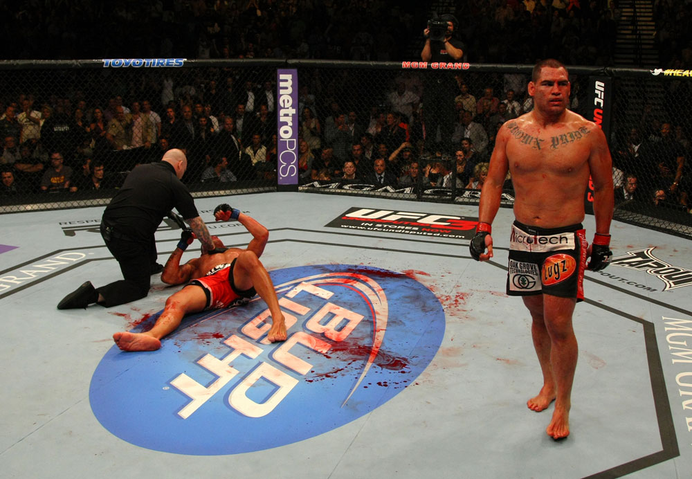 LAS VEGAS, NV - MAY 26: Cain Velasquez (R) reacts after defeating Antonio Silva during a heavyweight bout at UFC 146 at MGM Grand Garden Arena on May 26, 2012 in Las Vegas, Nevada. (Photo by Donald Miralle/Zuffa LLC/Zuffa LLC via Getty Images)